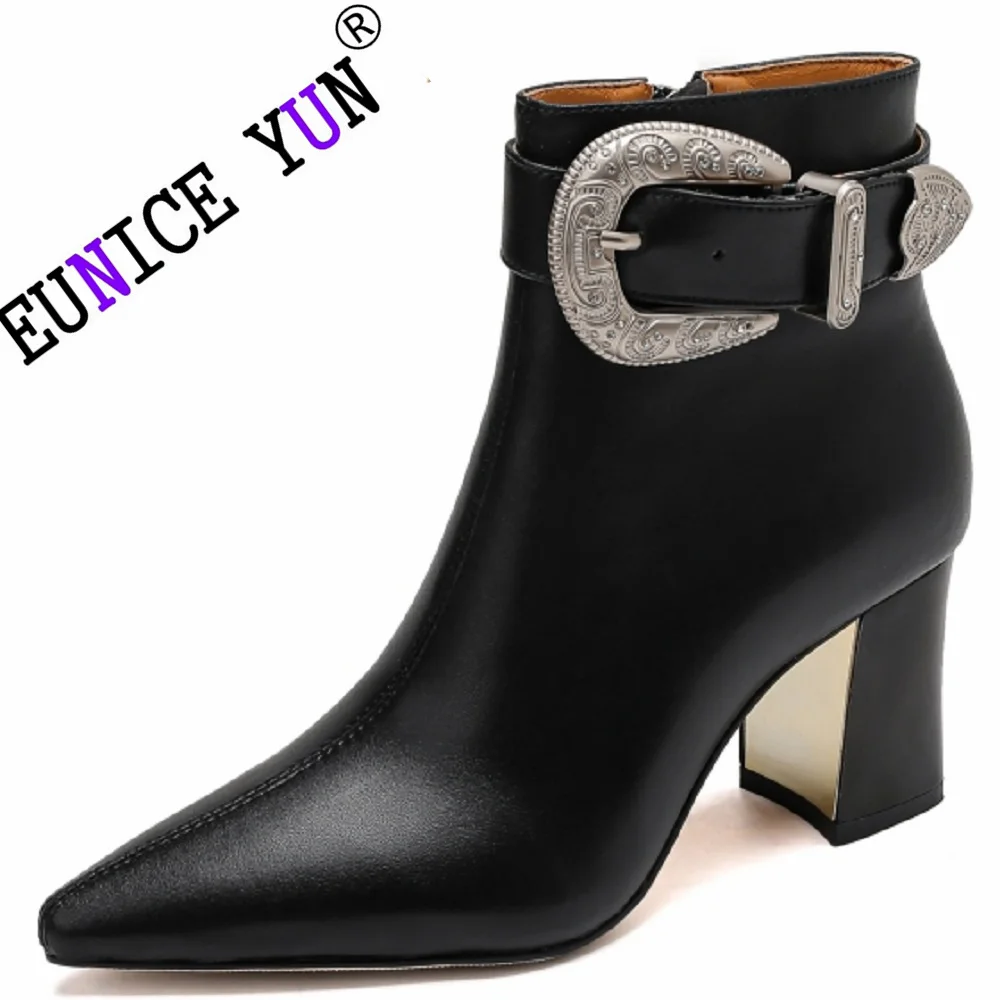 

【EUNICE YUN】Elegant lady pointed toe high heel Ankle boots Autumn winter Party shoes for woman Genuine leather short boots 33-43