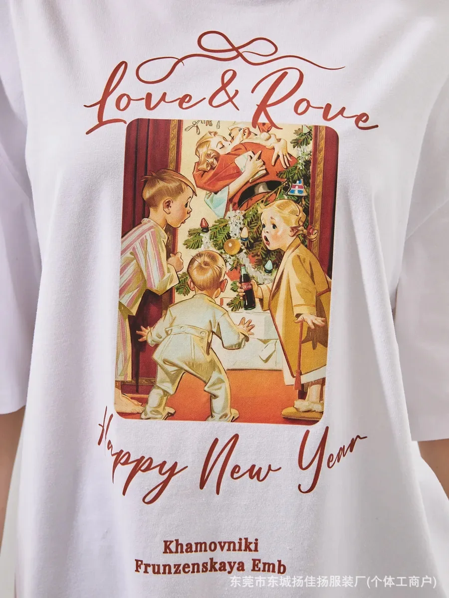 Sweet Slavic Nostalgic White Oversized Tee Vintage New Year Window Art Print Pure Soft Cotton Loose Women Holiday Street T Shirt