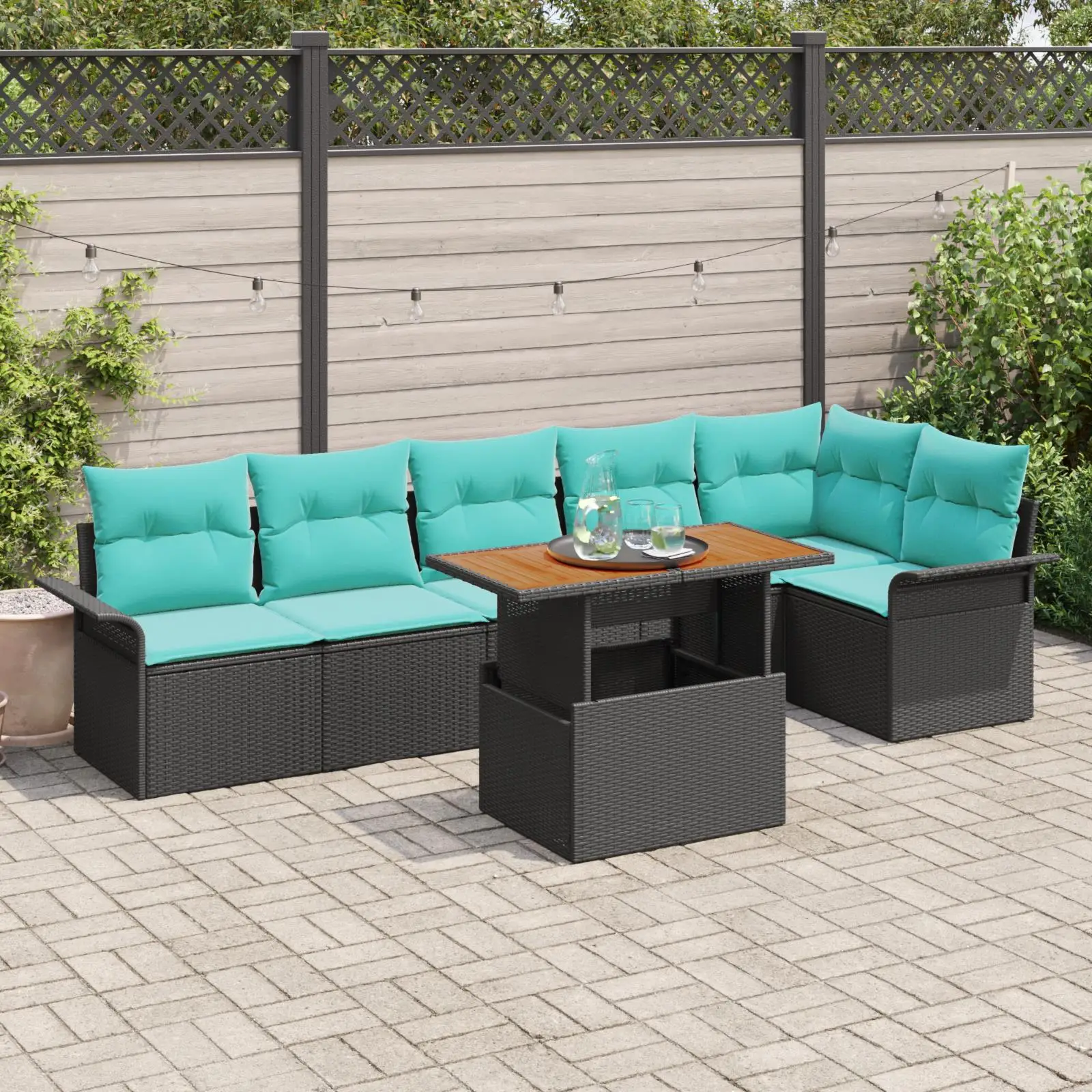 

7 Piece Outdoor Patio Sofa Set with Cushions Black Rattan Acacia Furniture