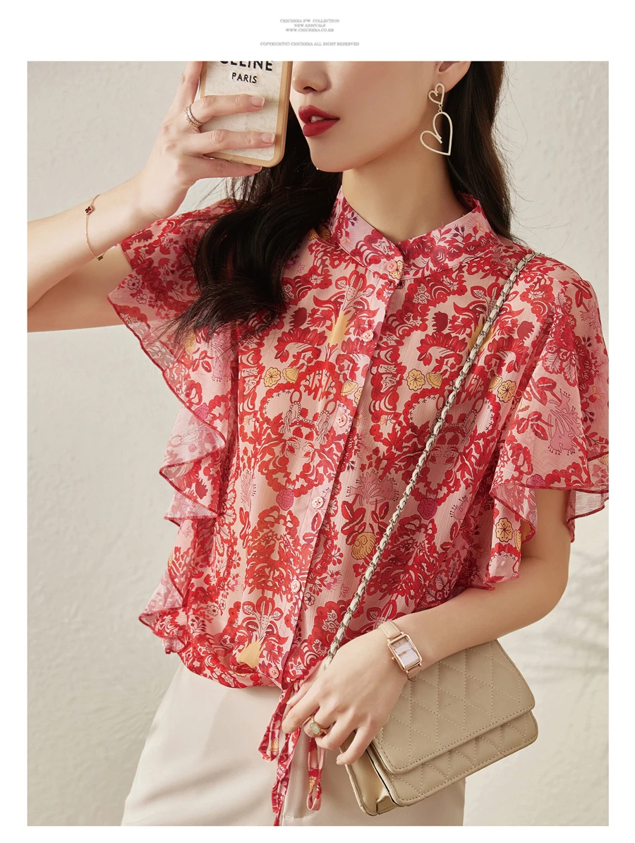 camisas florales de manga corta blusas de flores rojas para mujer