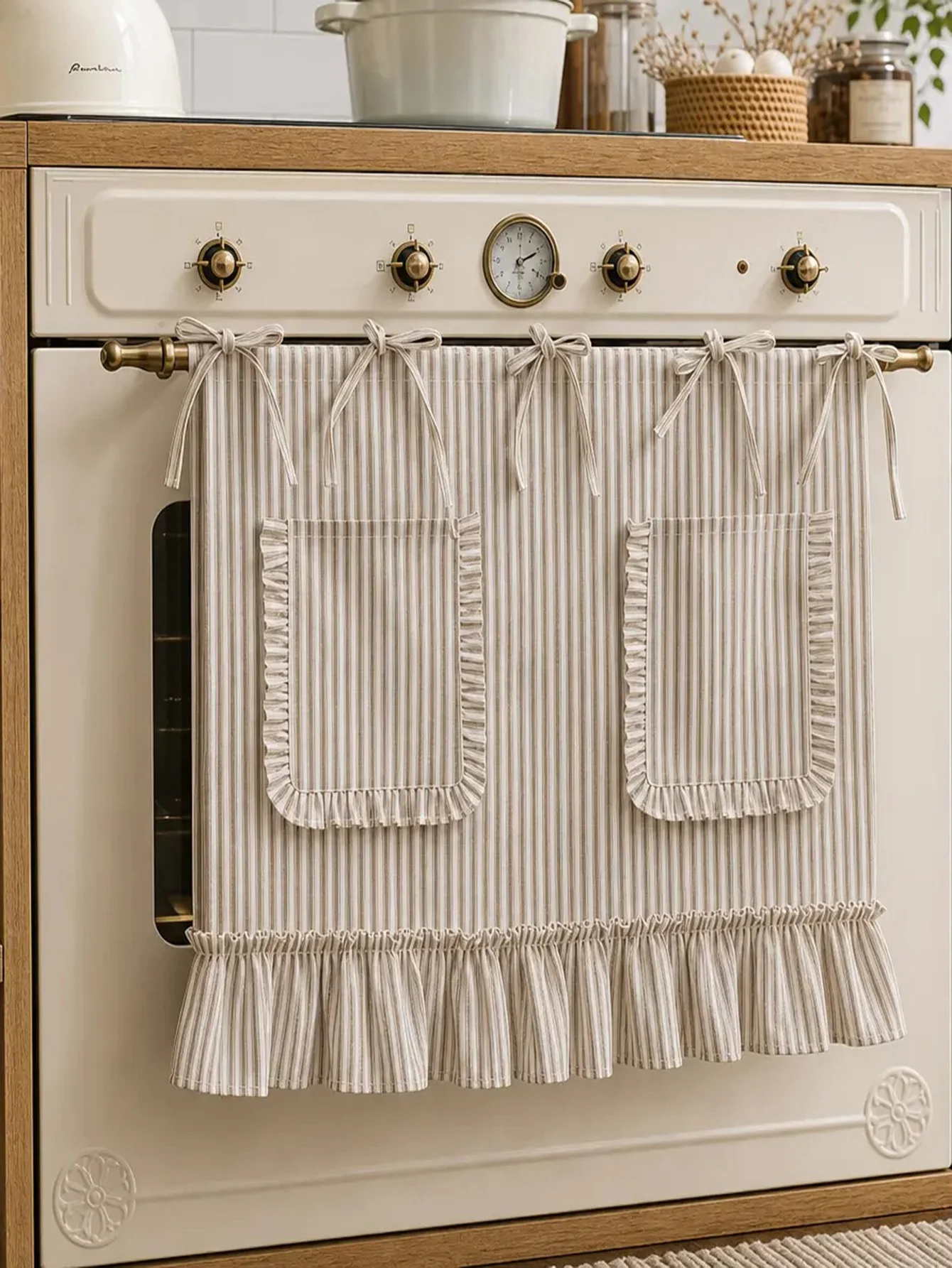 1Pc,Oven Curtain Stove Skirt Design with storage Pockets,Vertical Stripes Oven Skirt Ruffled Half Drapes for Kitchen,Cafe Decor