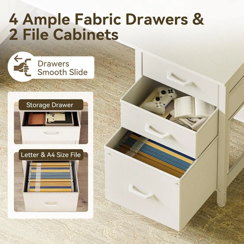 63 inch Office Desk with 6 Fabric Drawers & File Cabinets, Work from Home Computer Desk with Hidden Storage Stand, White