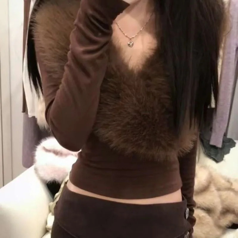 Y2k Fur Collar Patchwork Long-Sleeve T-Shirt for Women Slim Fit V-Neck Sexy Tops Spring Autumn Aesthetic Gothic Streetwear Tees