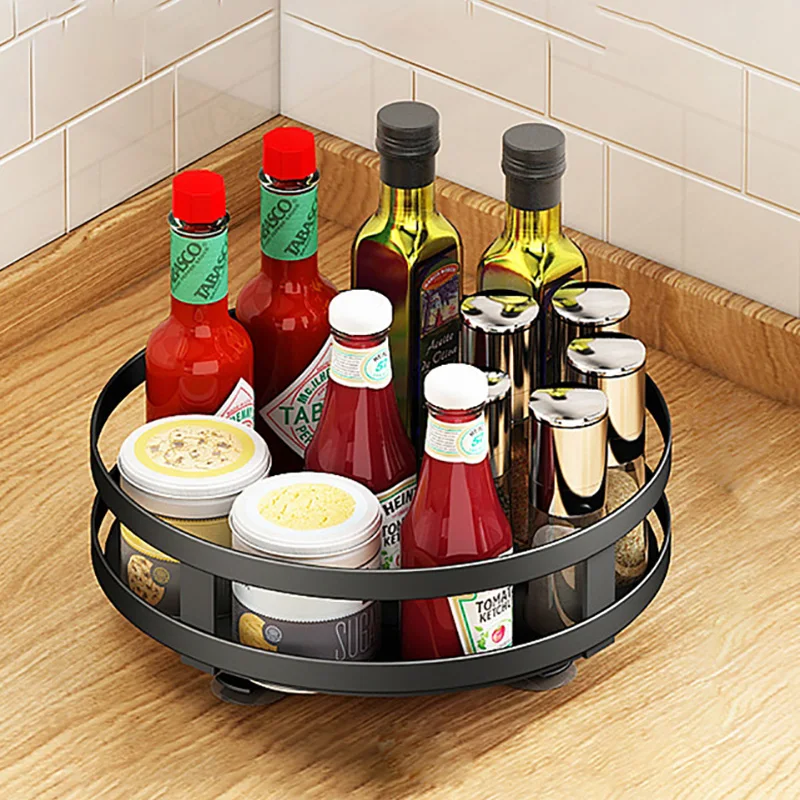 360 Rotation Spice Storage Rack Double Layer Spices Cans Seasonings Rack Non-slip Carbon Steel Storage Tray Kitchen Organizer