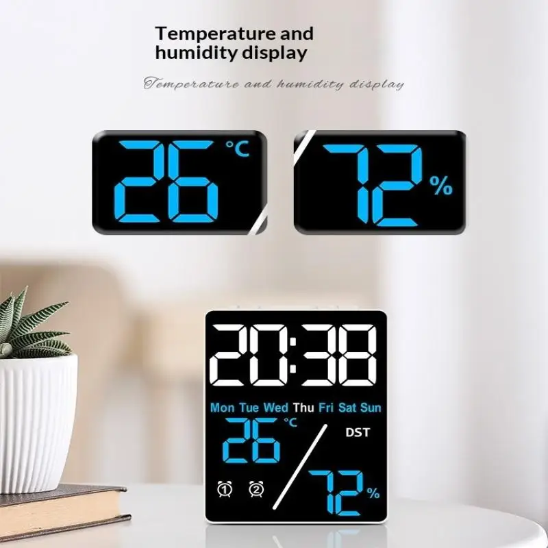 1Pc Digital Alarm Clock LED Display Temp Humidity Date Week 2 Alarms Snooze 3-Level Brightness 12/24H DST Electronic Desk Clock
