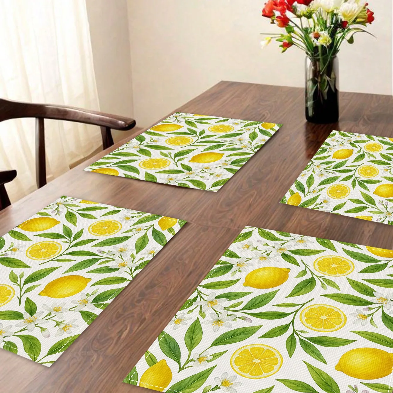 1-Piece Lemon Pattern Linen Placemat, Summer Fresh, Party & Family Gathering Dining Table Decor