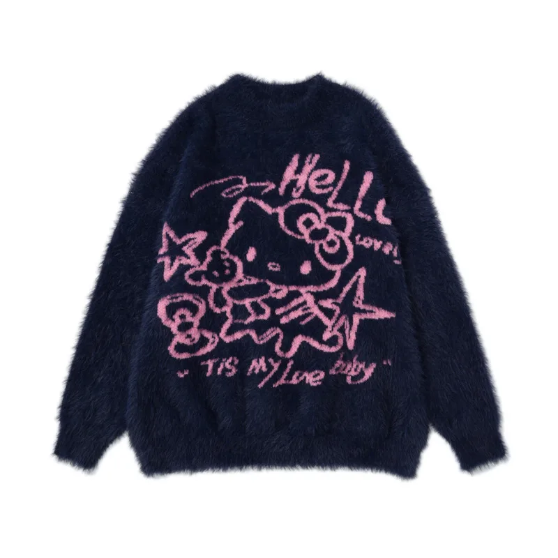 Sanrio Hello Kitty Women Knitted Sweet Cute Cartoon Sweater Loose Round Neck Korean Style Loose Casual Fashion Versatile Sweater