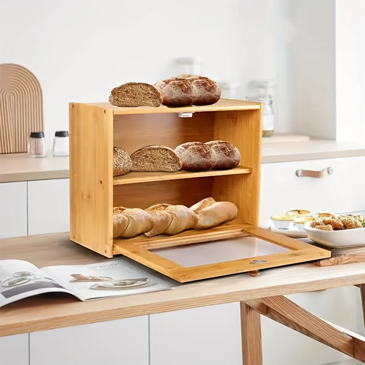 Eco-Friendly Bamboo Bread & Pizza Box with Flip-Top Lid for Kitchen Organization and Storage