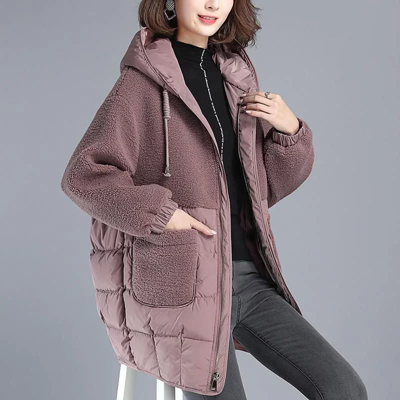 Women Thickening Pockets Warm Jackets Winter Loose Hooded Drawstring Parkas Size S-3XL Mid-Length Styles Lamb Wool Spliced Coats