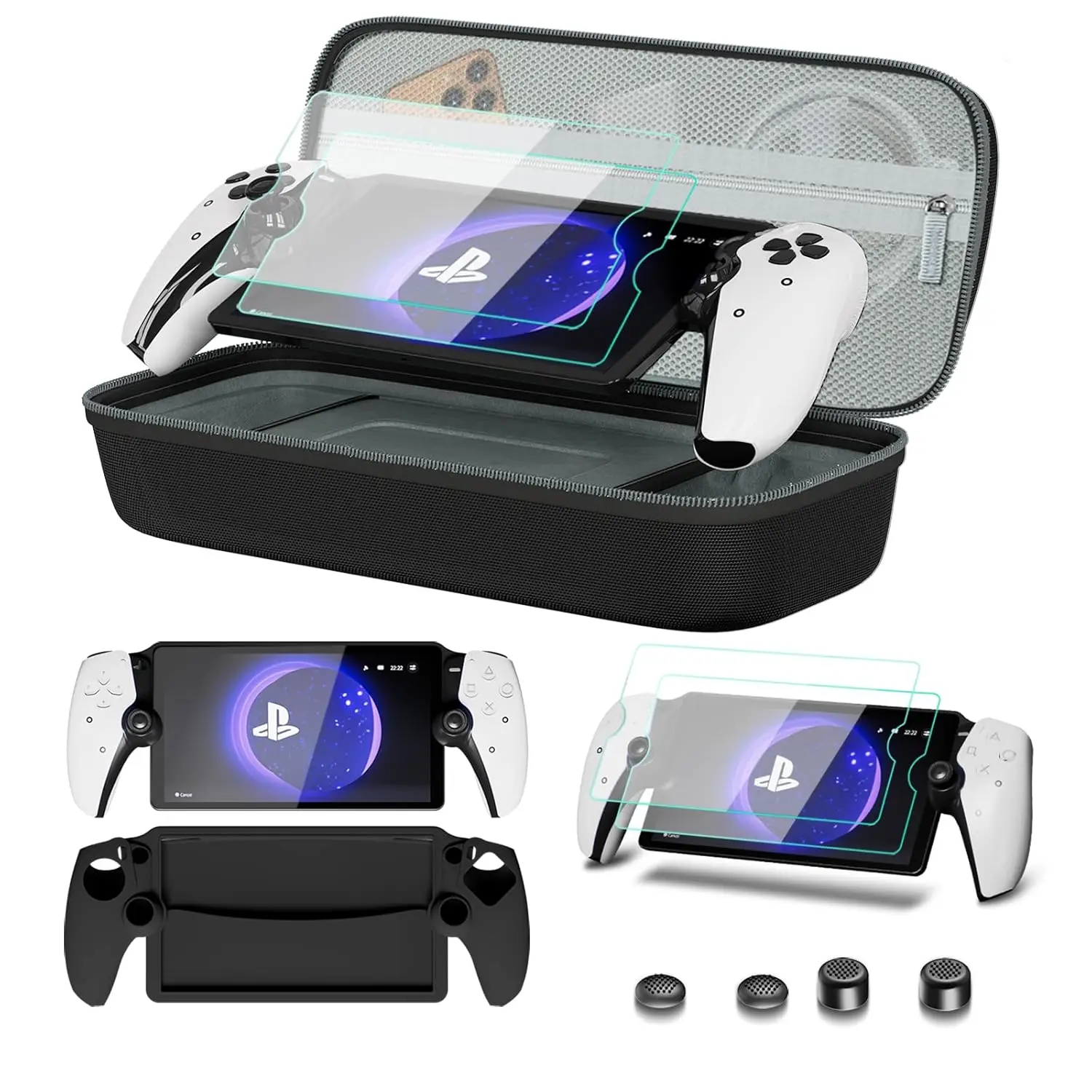 For Playstation Portal-compatible 8in1 accessory carrying case PS5  soft silicone case 2 screen protectors and 4 joystick caps