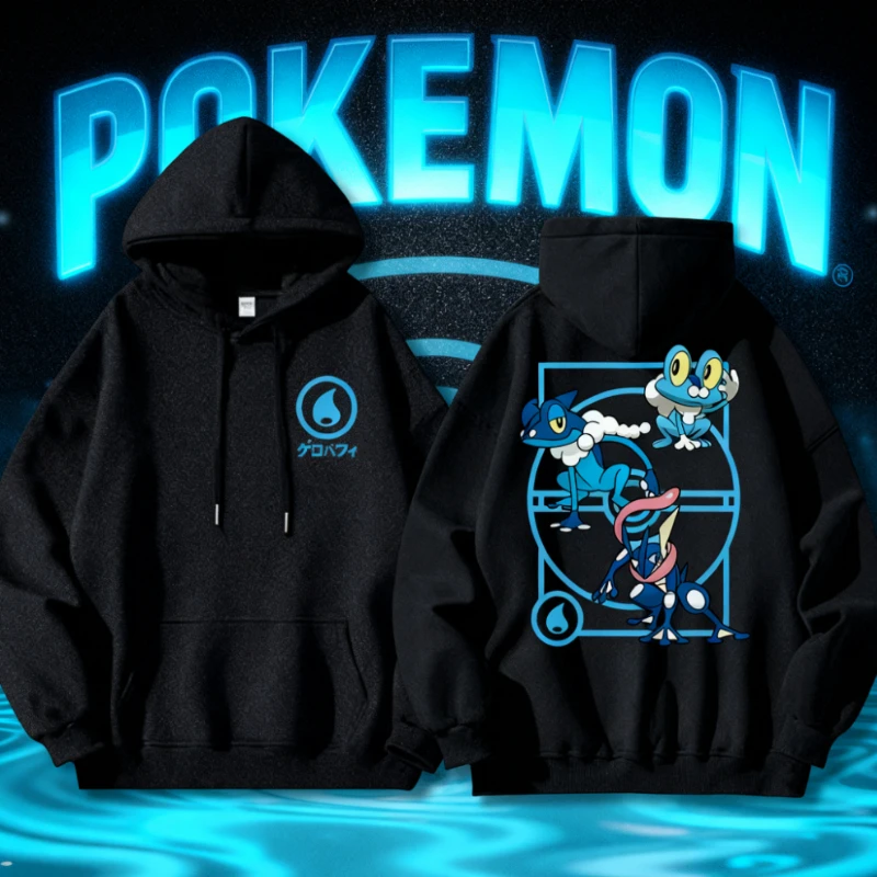 2025 الخريف/الشتاء البوكيمون الرسوم المتحركة العلامة التجارية 100% القطن Greninja مطبوعة هوديي الرجال/الأطفال Harajuku عادية فضفاض الدفء