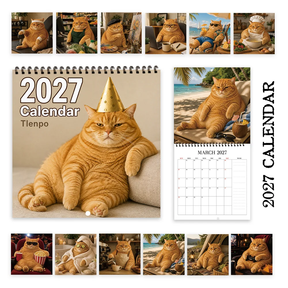 1pc 2027 Lazy Chubby Orange Cat Wall Calendar,12‑Month Planner,Gift For Back‑to‑School,Christmas,New Year,Free Stickers Included