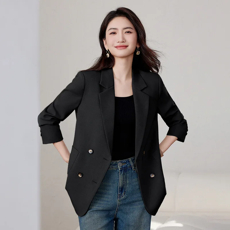 高品質レディースブレザー ノッチカラー ダブルブレストジャケット 秋冬2025 エレガントオフィスウェア ブラック カーキ