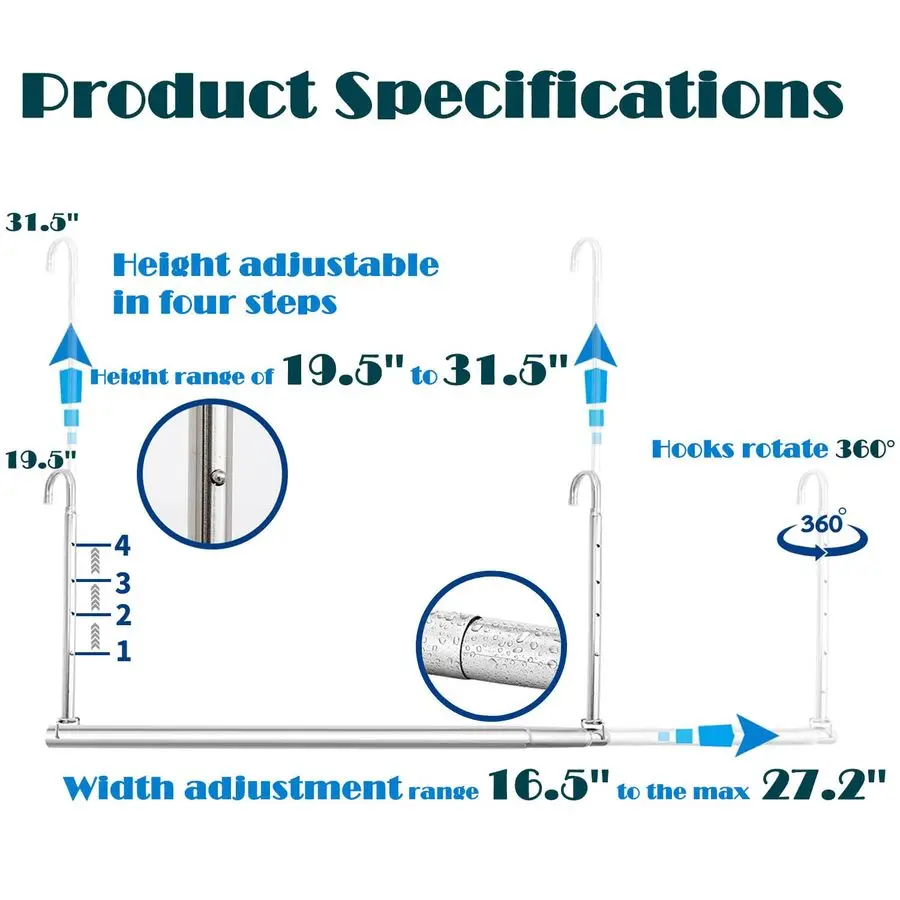 

Hanging Rod, Adjustable Width and Height SpaceSaving Clothes Hanging Bar, 2 Pack Chrome