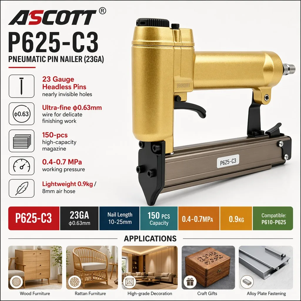 ASCOTT P625-C3 Headless Pin Nailer 23Ga Pneumatic Brad Stapler 10-25mm Pin Nails for Making Framing Upholstery Furniture