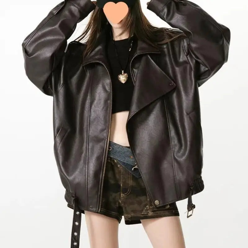 Veste en cuir de style américain pour femme, manteau d'automne, nouveau modèle, ample, polyvalent, design sens, locomotive