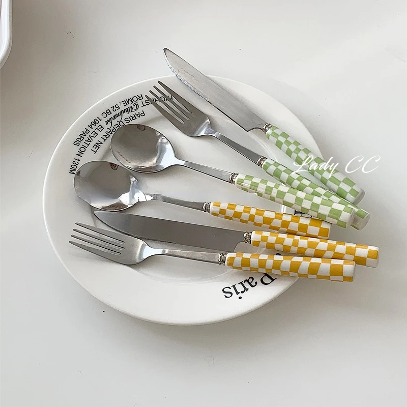 LadyCC Irregular Checkerboard Stainless Steel Knife Fork Spoon Western Tableware Set Steak Knife Spoon Fruit Fork