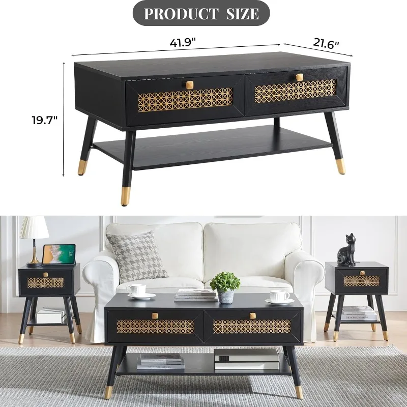 Rectangular Mid-Century Modern Coffee Table with Storage Drawers and Open Shelves