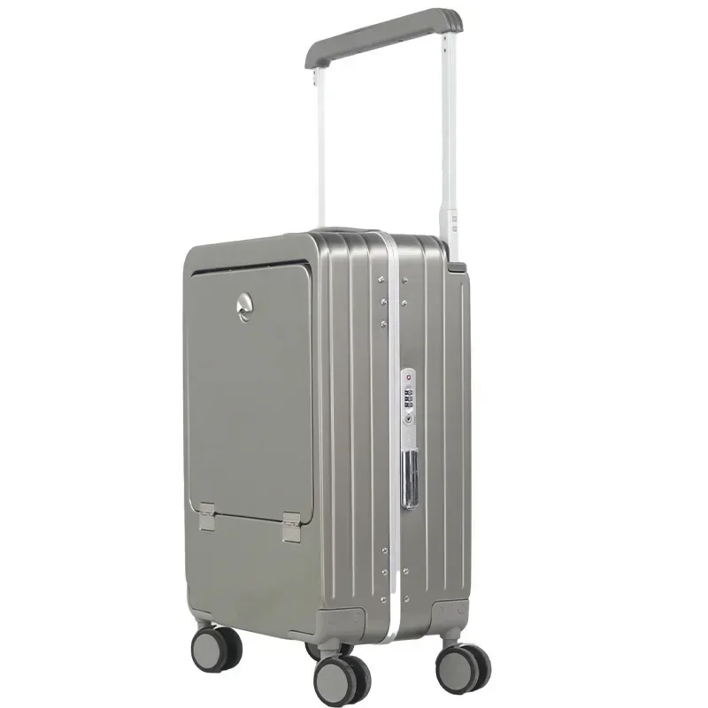 20 inch Front Opening Lid Suitcase USB Charging Wide Trolley with Cup Holder suitcase Aluminium Frame Password box Boarding Box