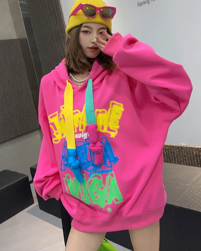 Casual Hoodies Women\'s Sweatshirt 2024 Graffiti Letter Pullovers Long Sleeve Tops Korean Vestidos Streetwear Bust130cm Length72