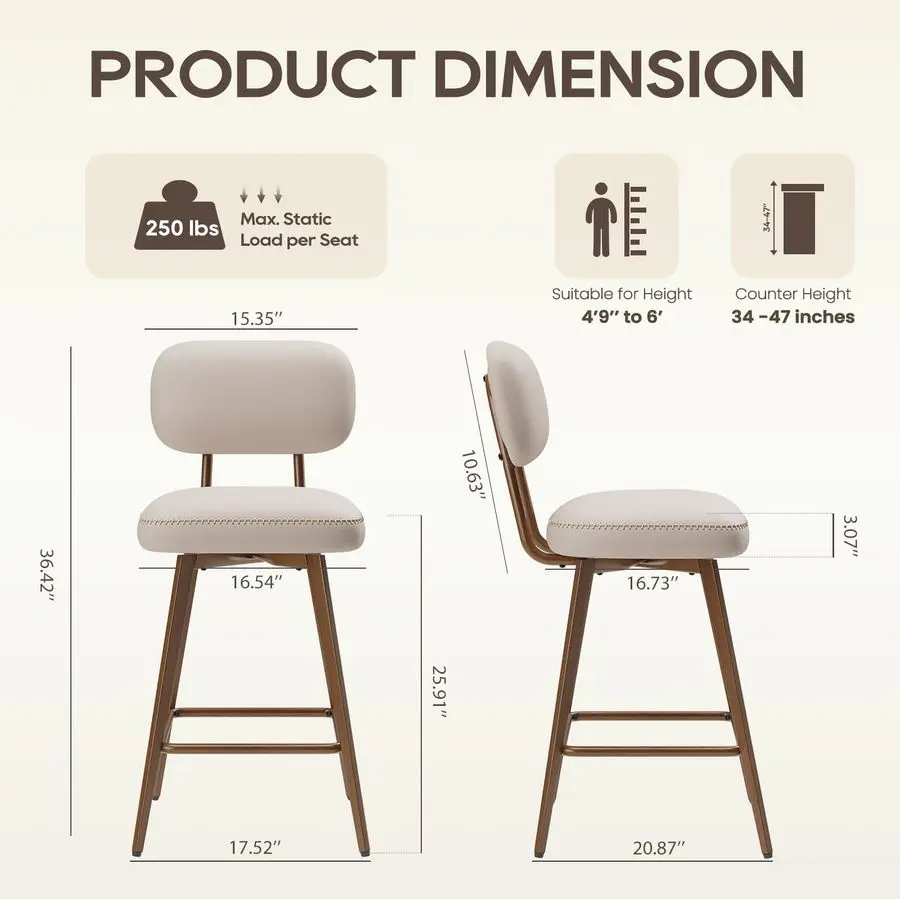 Conjunto de 3 bancos de bar giratórios de couro, cadeiras de bar de altura de balcão de meados do século com encosto baixo e pernas de metal, cadeira de banco de bar moderna f