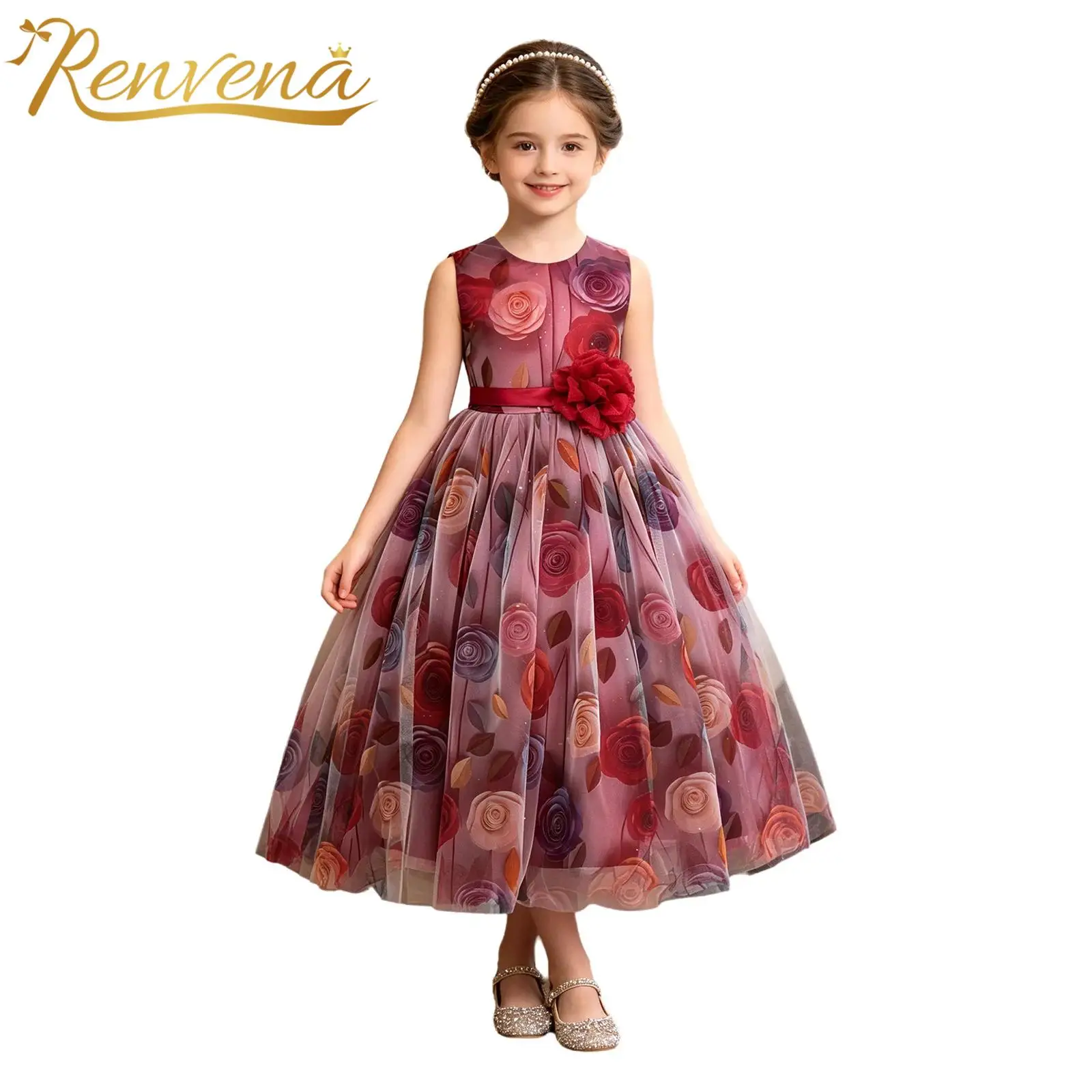 Girls Elegant Party Princess Dress Floral Printed Tulle Sleeveless Prom Gown Kids Graduation Ceremony Wedding Pageant Costume