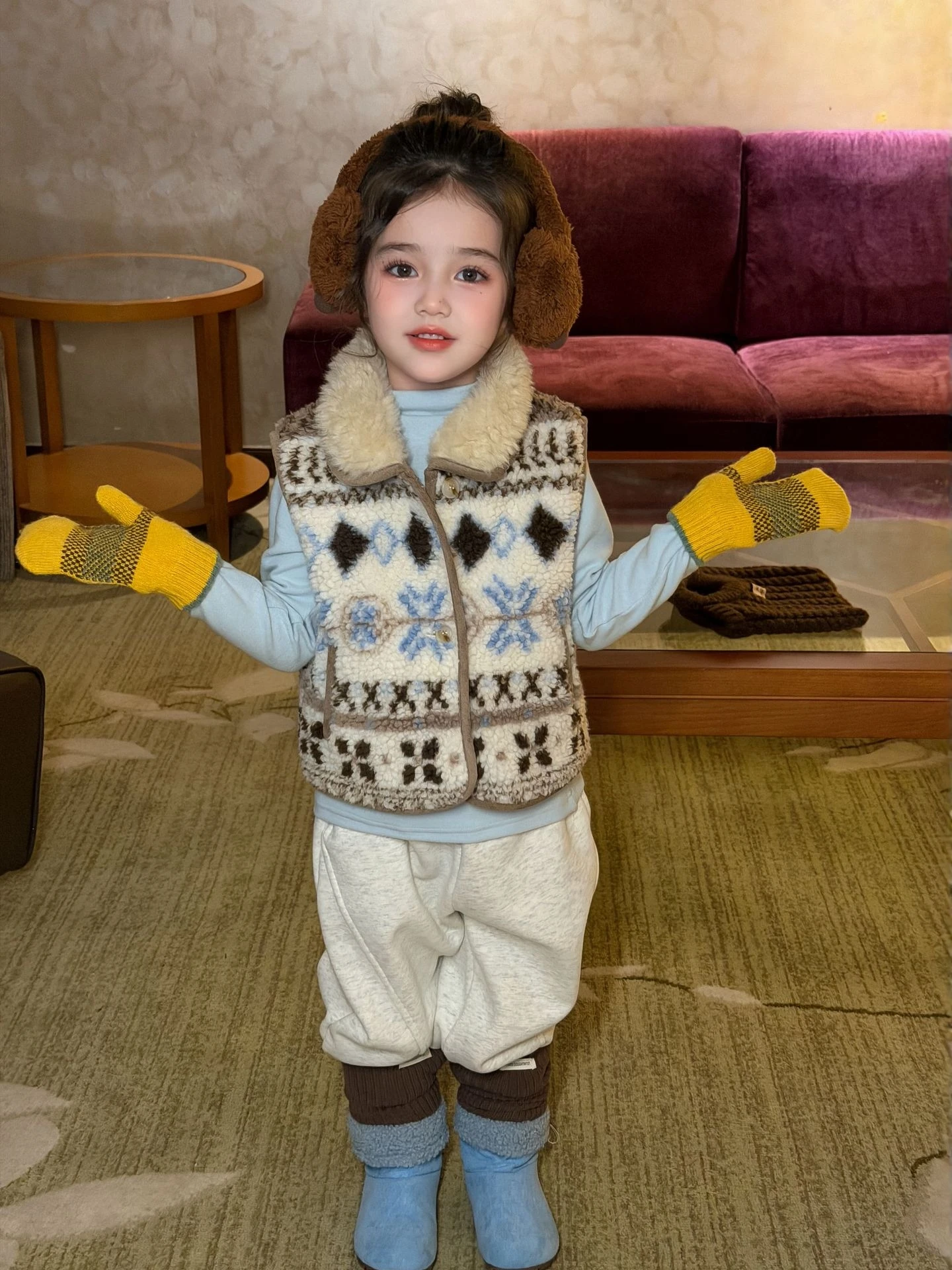 Autumn Winter Kids' Fleece Lined Warm Cardigan Vest Coat Collar Turn down Cute Lamb Fur Soft Original Design for Boys And Girls