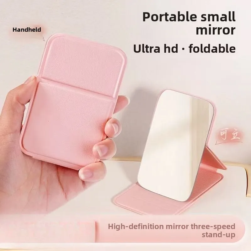 Desktop-Make-up-Spiegel aus PU-Leder, einfacher tragbarer Hand-Make-up-Spiegel, faltbarer kleiner süßer Taschenspiegel für Studenten