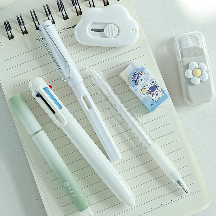 7PCS Kawaii Pastel Stationery Set with Pouch Multi Color Pen Correction Tape Eraser Cutter Highlighter School Gift