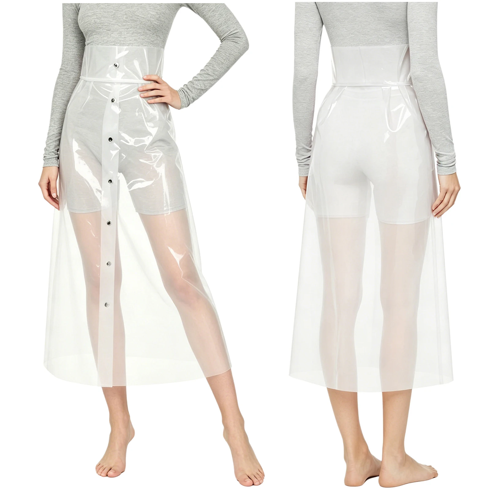 Women See-through Pvc Pencil Skirt High Waist Buttons Bodycon Sexy Transparent Midi Skirts Cover-ups for Rave Party Nightclub