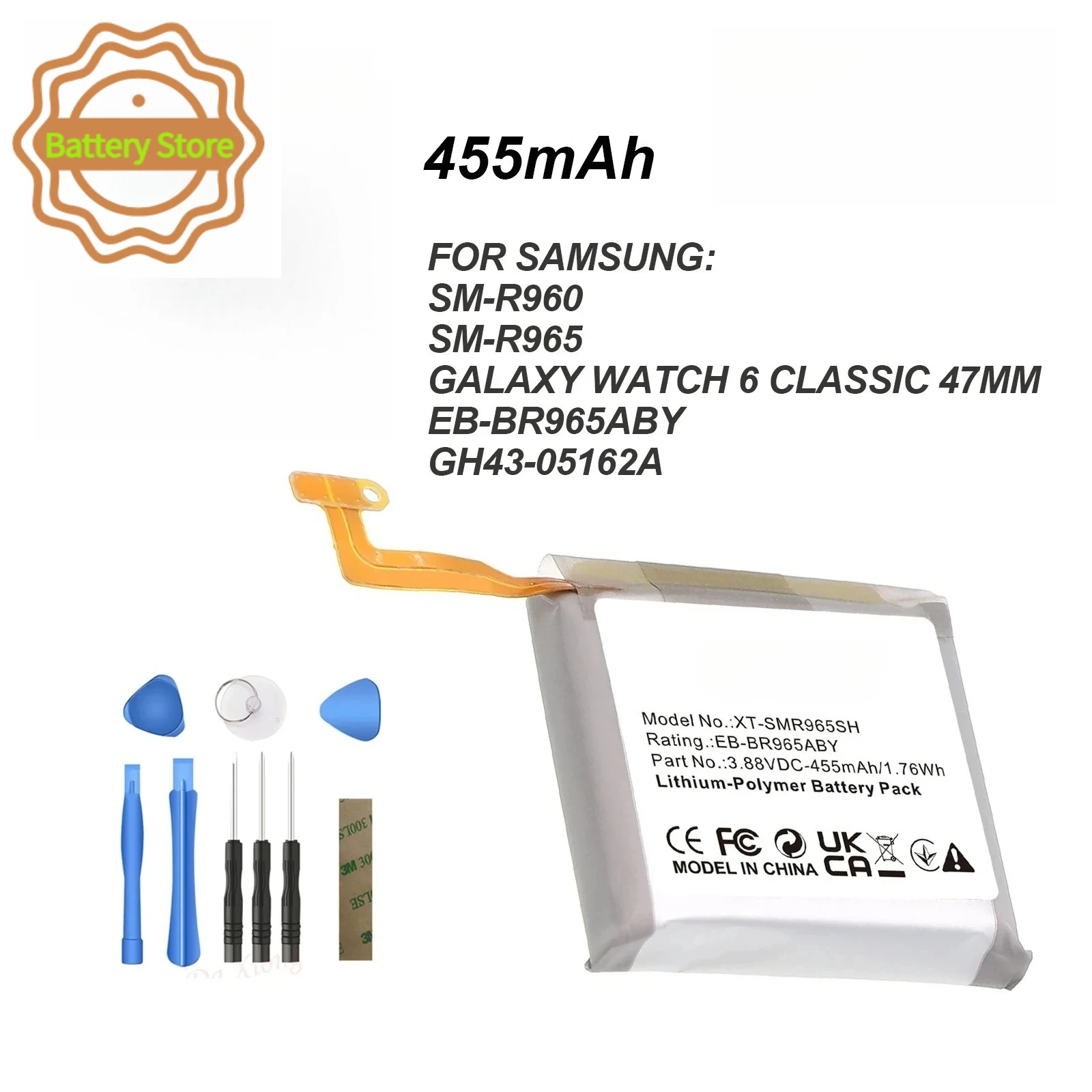 455mAh/1.76Wh Smartwatch Battery For Samsung EB-BR965ABY,GH43-05162A,SM-R960,SM-R965,Galaxy Watch 6 Classic 47mm,Li-Polymer