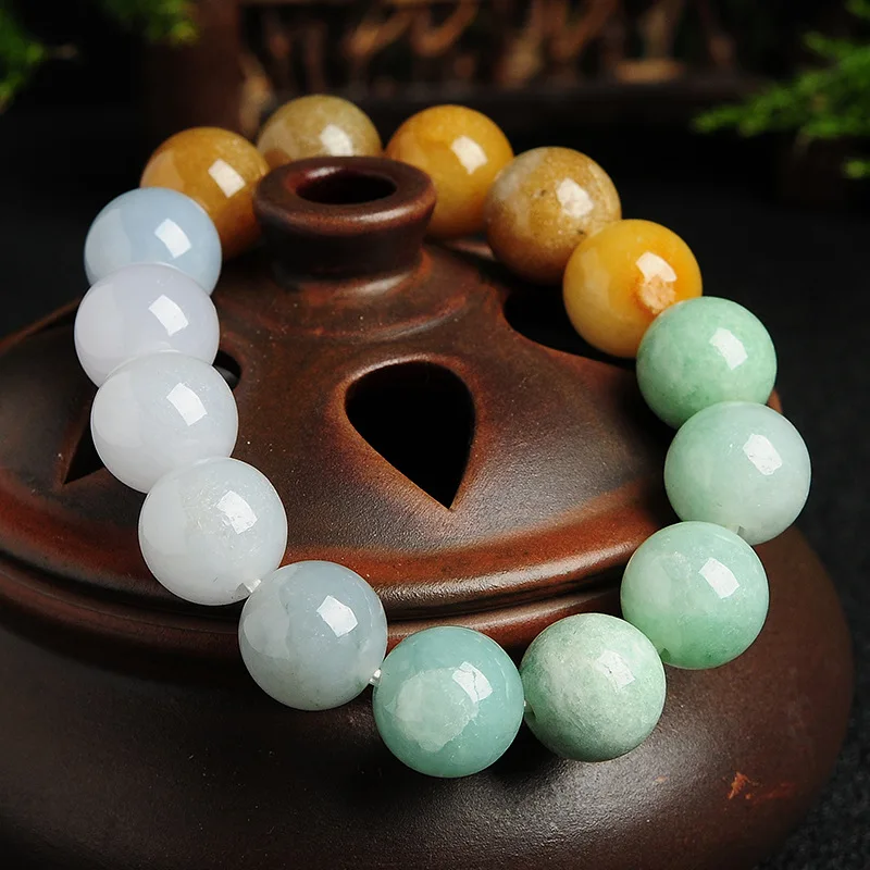 Natural Jadeite Ice Glutinous Seed Three-color Round Bead Men's and Women's Bracelet