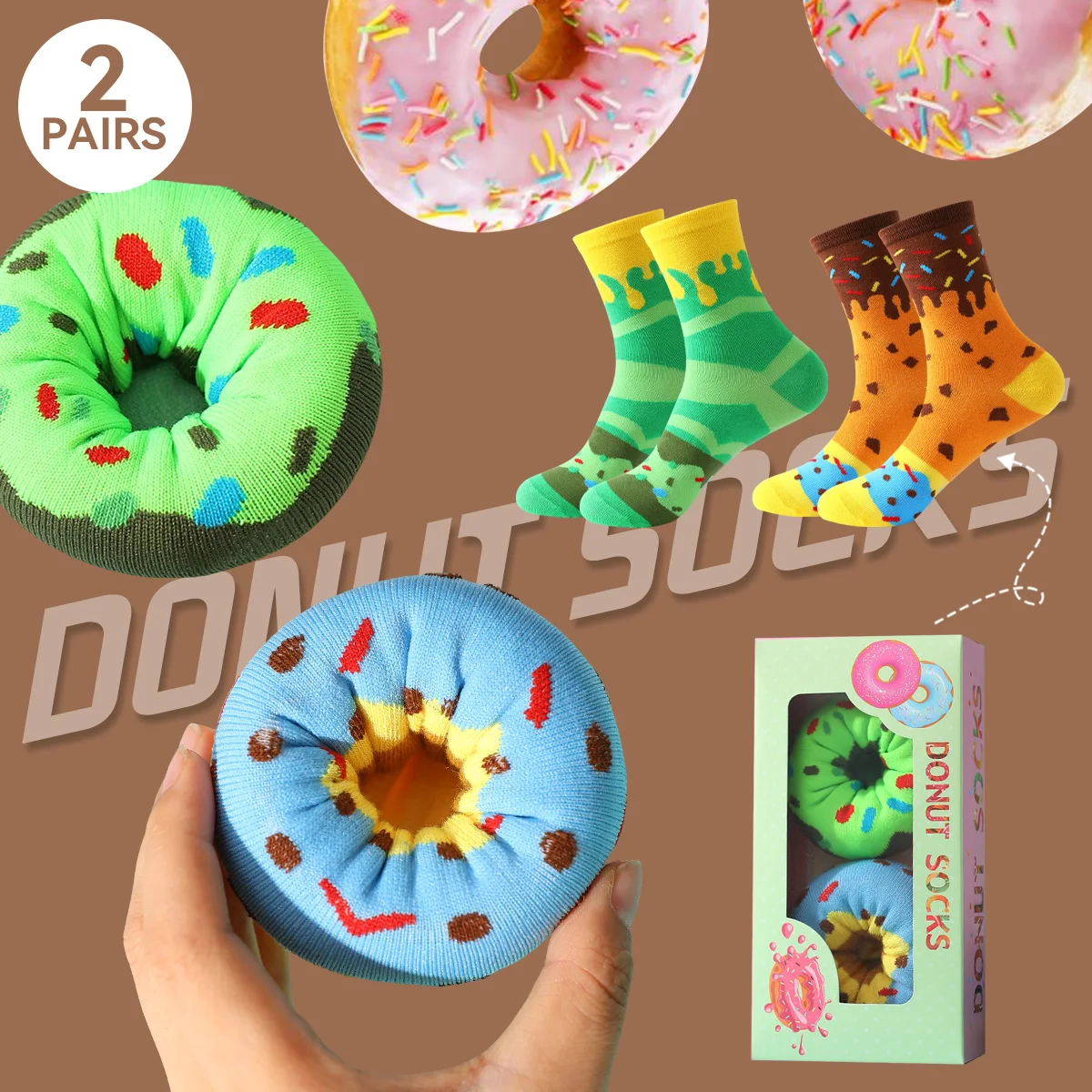 Two Pairs of Colorful Donuts Pattern Wave Socks Creative Gift Box Suitable for Halloween Christmas Valentine's Day Gifts
