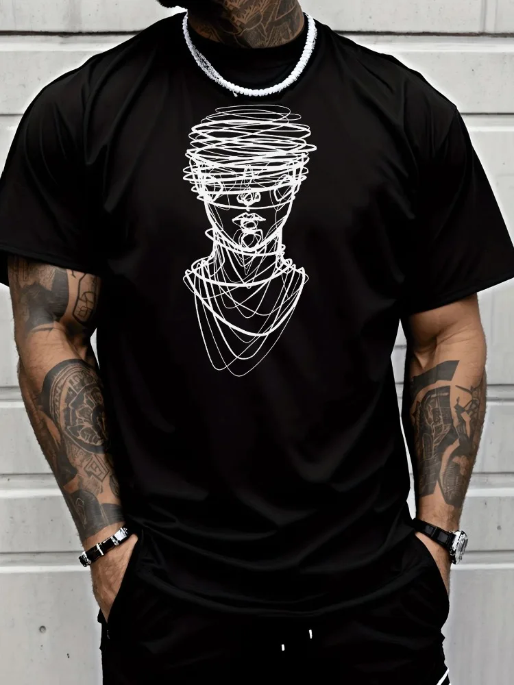 Mens Summer Crew Neck Short Sleeve T Shirt Abstract Line Art Face Print Black Tee Streetwear Casual Loose Daily Fashion Top