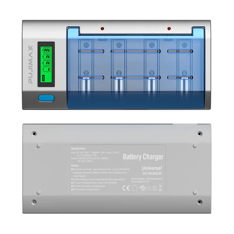 PUJIMAX Universal 6 slots LCD Display Smart Battery Charger EU/US Plug For 1.2V Ni-MH AA/AAA/C/D Size 9V Rechargeable Batteries