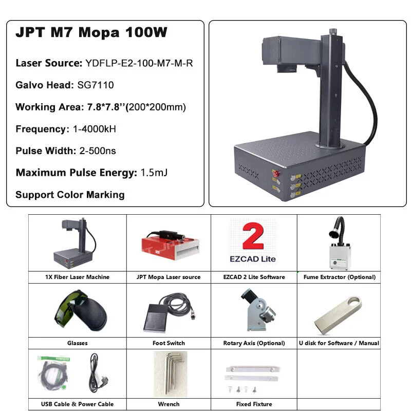 100 واط JPT Mopa التركيز التلقائي آلة التعليم بليزر الألياف مع الليزر الدخان النازع تنقية الألياف القطع بالليزر النقش جميع المعادن