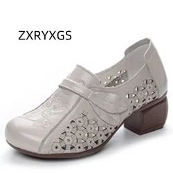 ZXRYXGS 2025 New Spring Summer Top Layer Cowhide Hollow Sandals Women High Heel Shoes Elegant Fashion Shoes Woman Leather Shoes