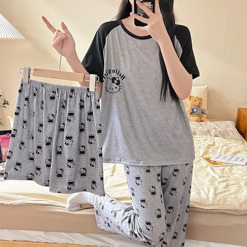Pompom Purins setelan piyama wanita, 3 buah pakaian rumah Sanrios Anime musim panas kaus celana siswa lucu modis kasual