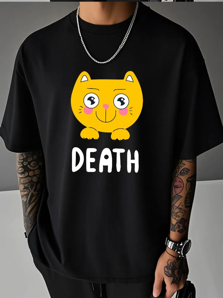 Men Summer Casual Short Sleeve T Shirt Cute Yellow Cat Death Letter Graphic Oversized Loose Tees Street Daily Fashion Tops