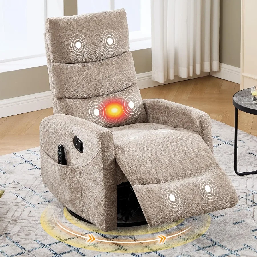 Nursery And Living Room Manual Swivel Rocker Recliner Chair With Massage, Overstuffed Chenille Glider, Lumbar Heat, Beige