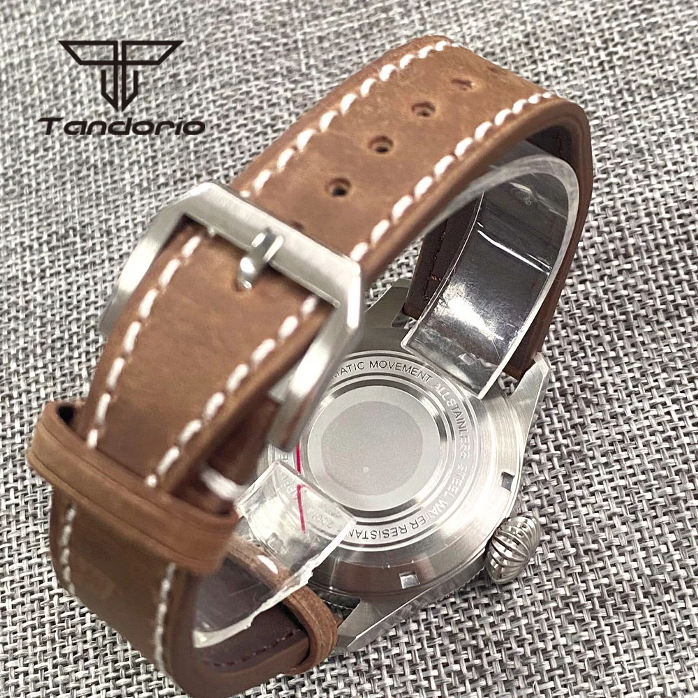 Tandorio 39mm 200M Dive Automatic Pilot Watch for Men Fluted Bezel Big Crown Green Marks NH35A PT5000 Sapphire Leather Luminous