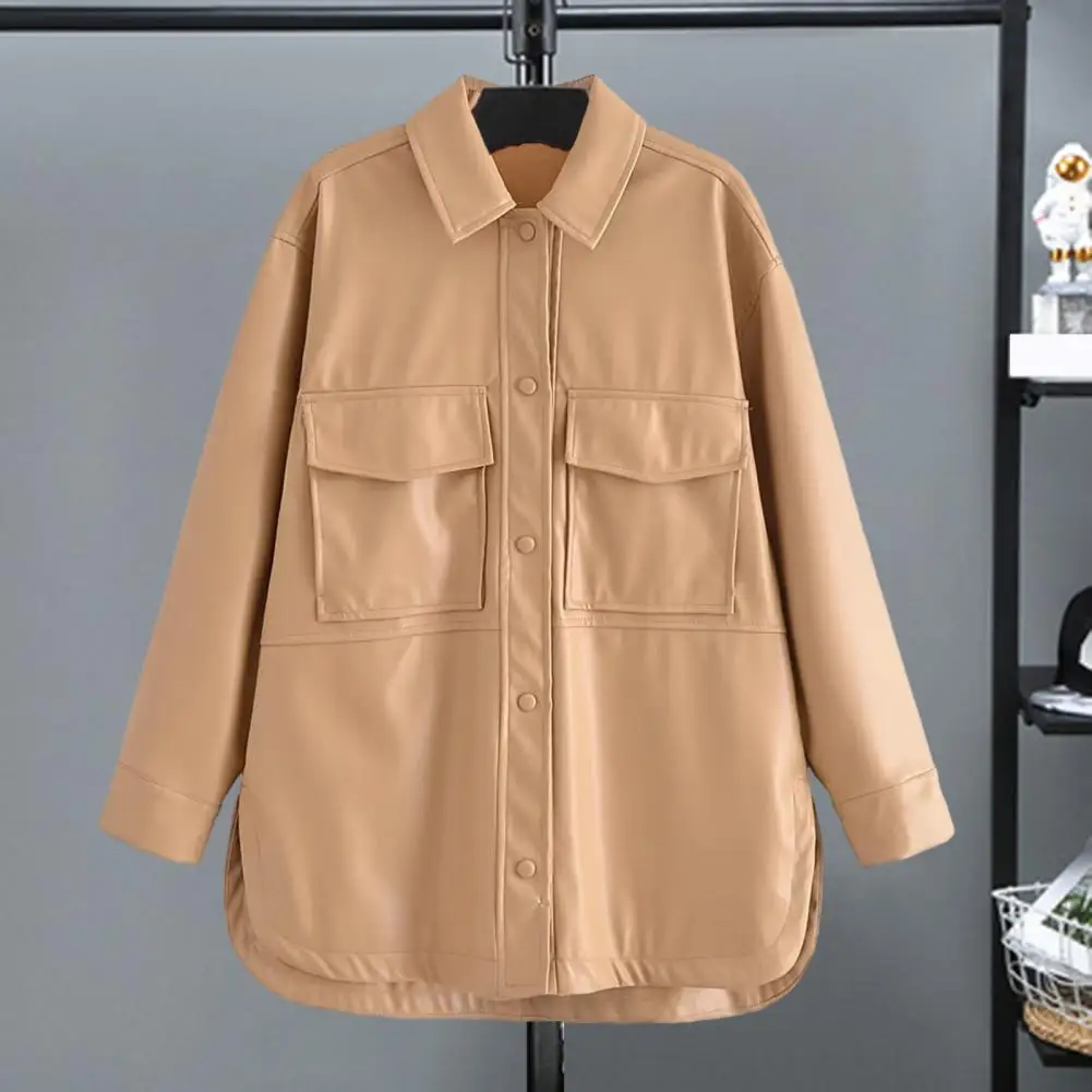 Women Spring Fall Jacket Smooth Faux Leather Lapel Windproof Long Sleeve Loose Pockets Split Hem Mid Length Cardigan Coat