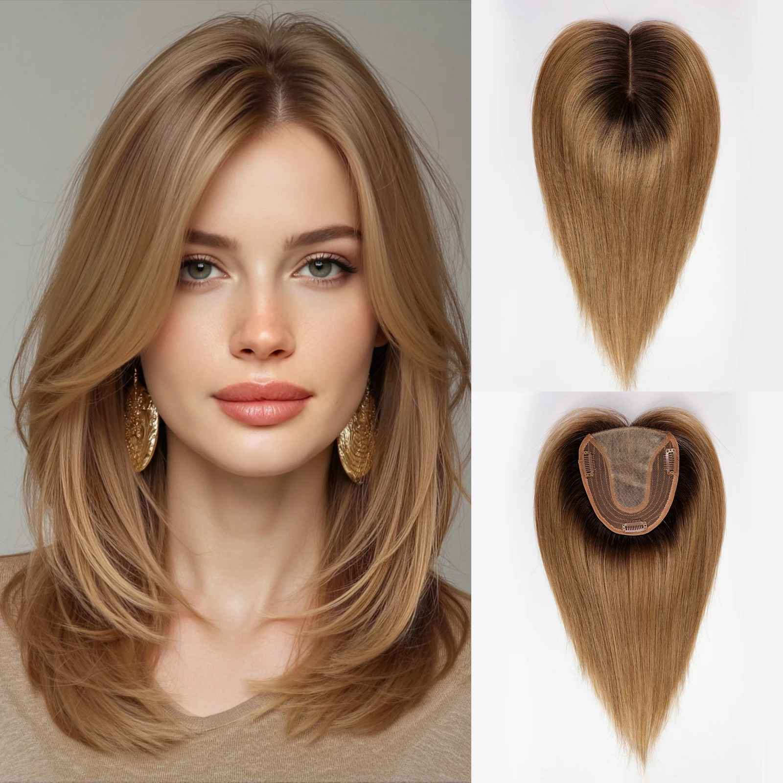 

Remy 100% Human Hair Toppers Silk Base Honey Brown Ombre Medium Part Wig with Clips Hairpiece for Women with Thinning Hair Daily