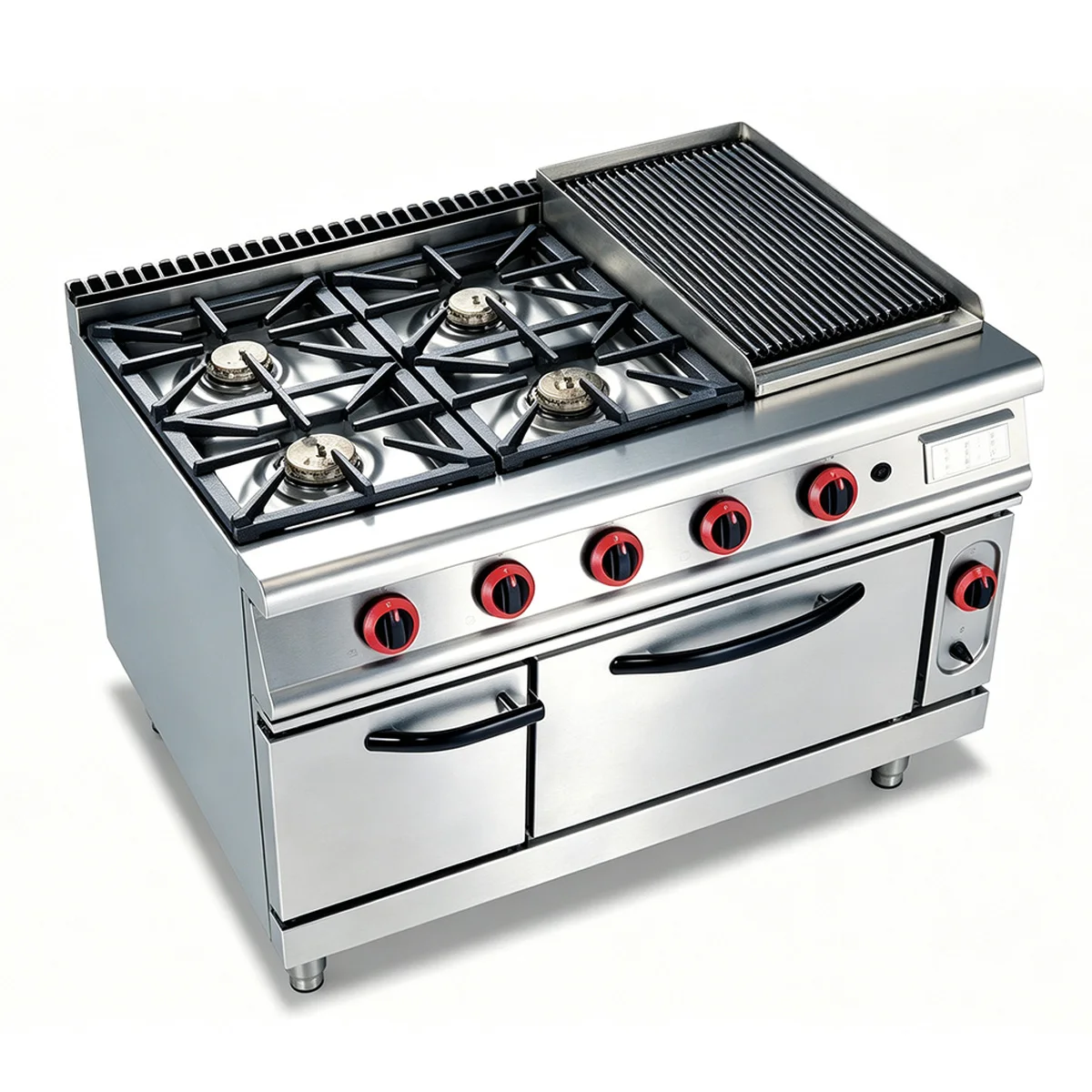 Commercial Stainless Steel Gas 4 Burner Multifunctional Stove with Lava Rock Grill & Oven Easy Cleaning