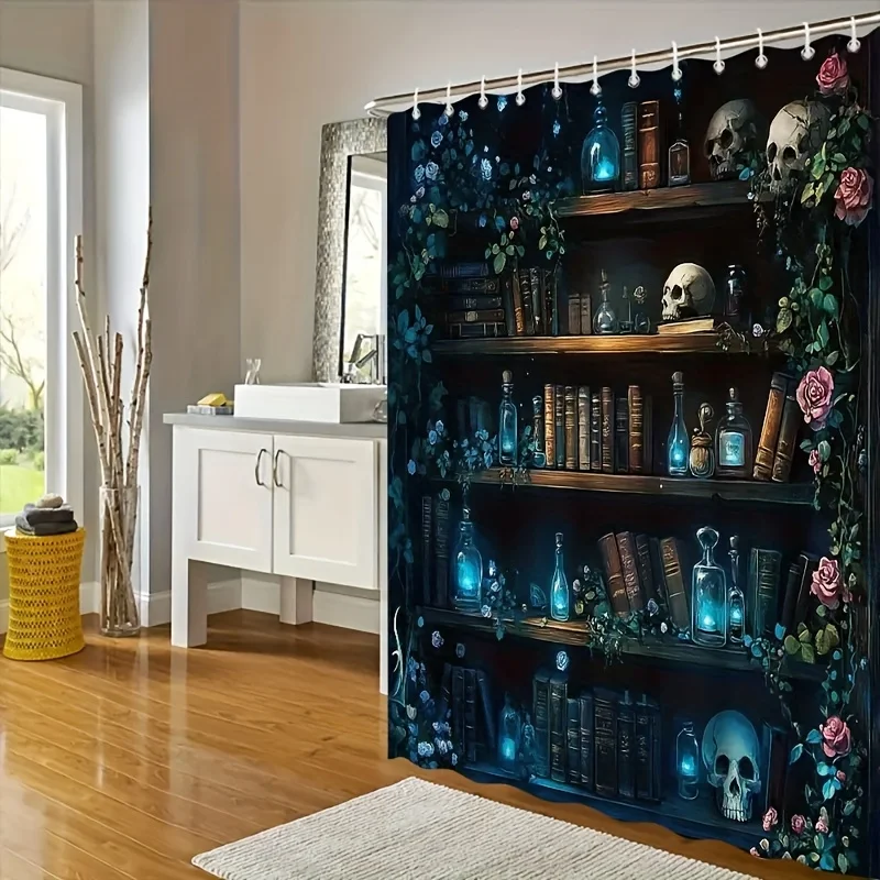 Witch Library Shower Curtain, Vintage Books Glowing Potions Skulls and Dark Roses, Waterproof Curtain for Home Bathroom Decor
