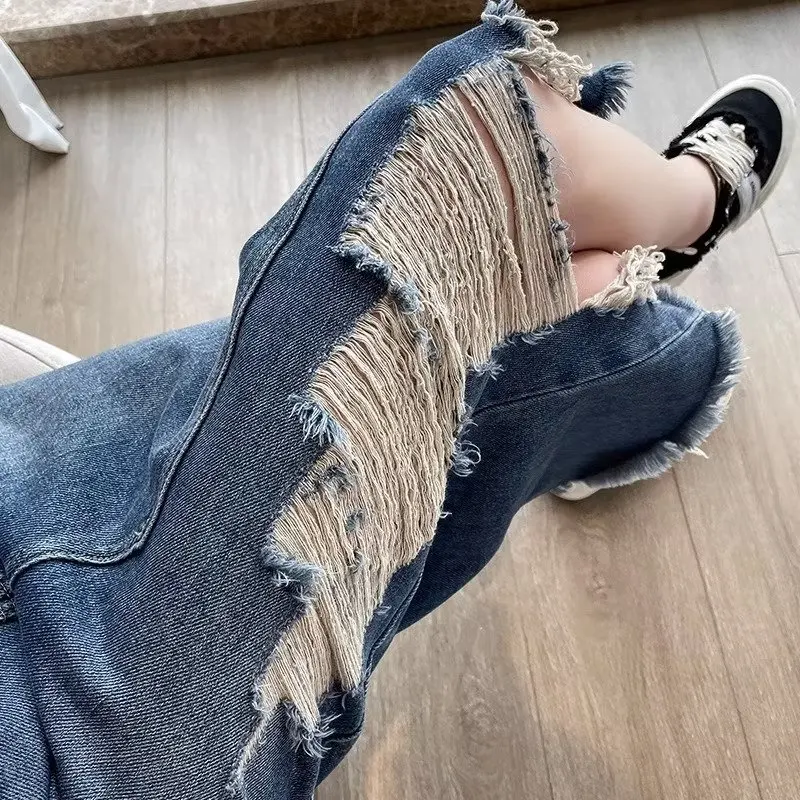 2024 Women skirt New Tassel Design Vintage Blue Mid-Length Slimming Loose-fit A- line Hip Hugging Skirt High Waist Mid Length Sk