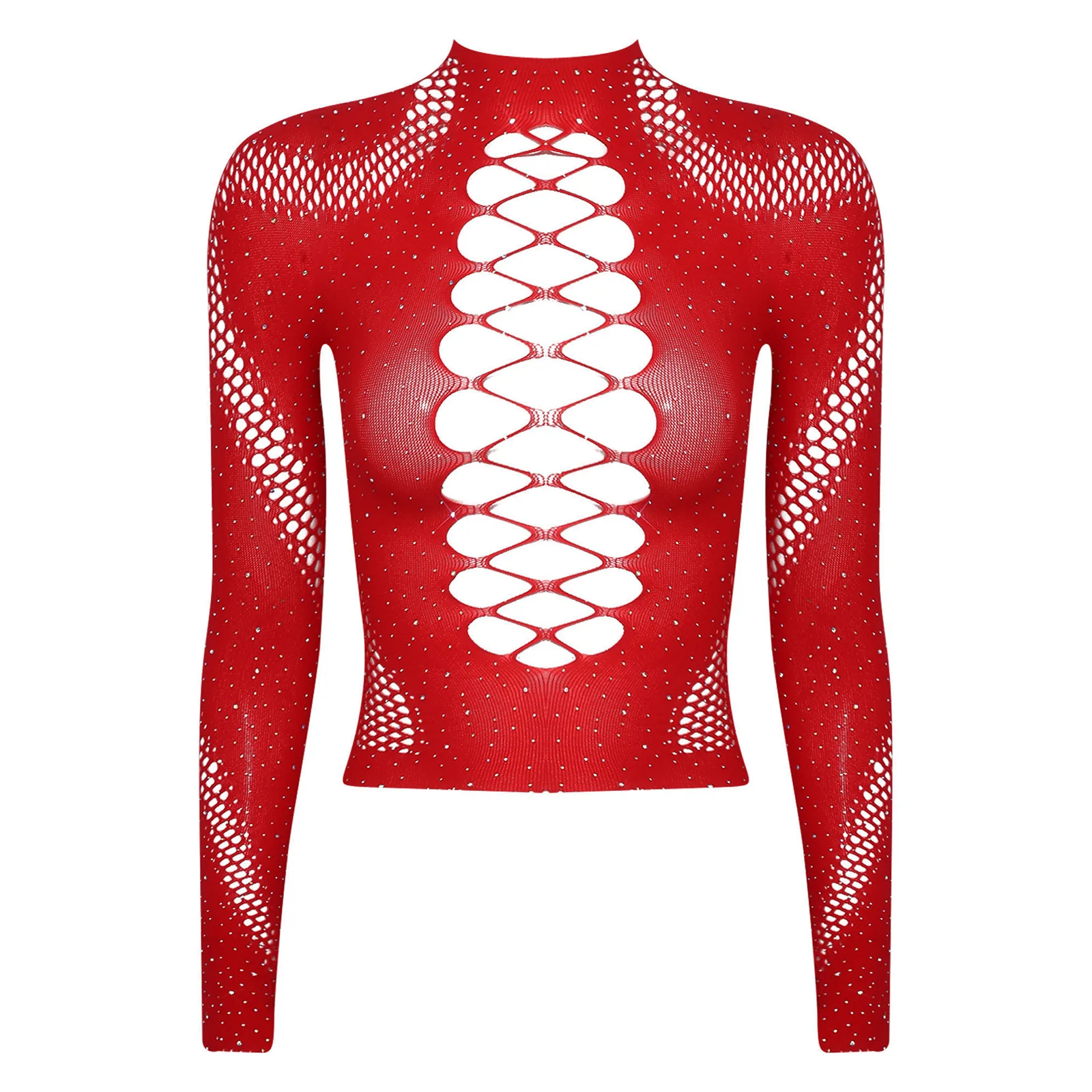 

Womens Shiny Rhinestone Fishnet T-shirt Chic Hollow Out Long Sleeve Stretchy See Through Blouse Bra Cover-up Top for Night Club