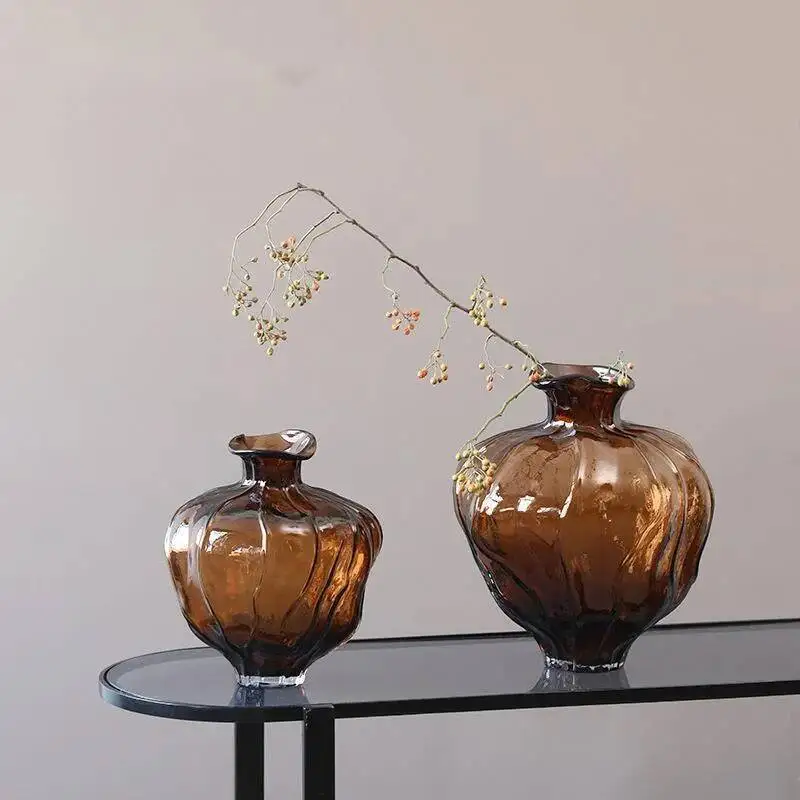 

Home Nordic Handmade Wavy Lace New Brown Belly Glass Vase Model Room Living Room Decoration