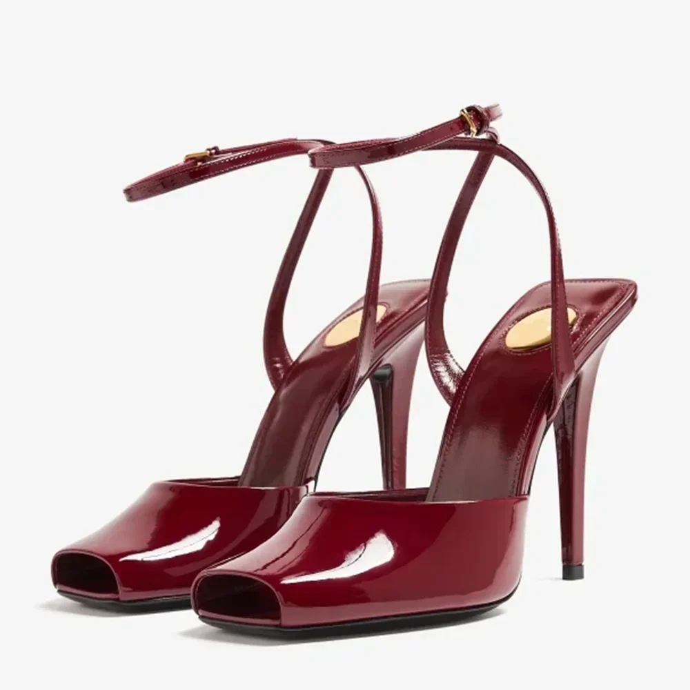 

Peep Toe Shiny Patent Leather Pumps Sexy Open The Toe Thin Heel Bule Strap New Arrivals Women Modern Shoes
