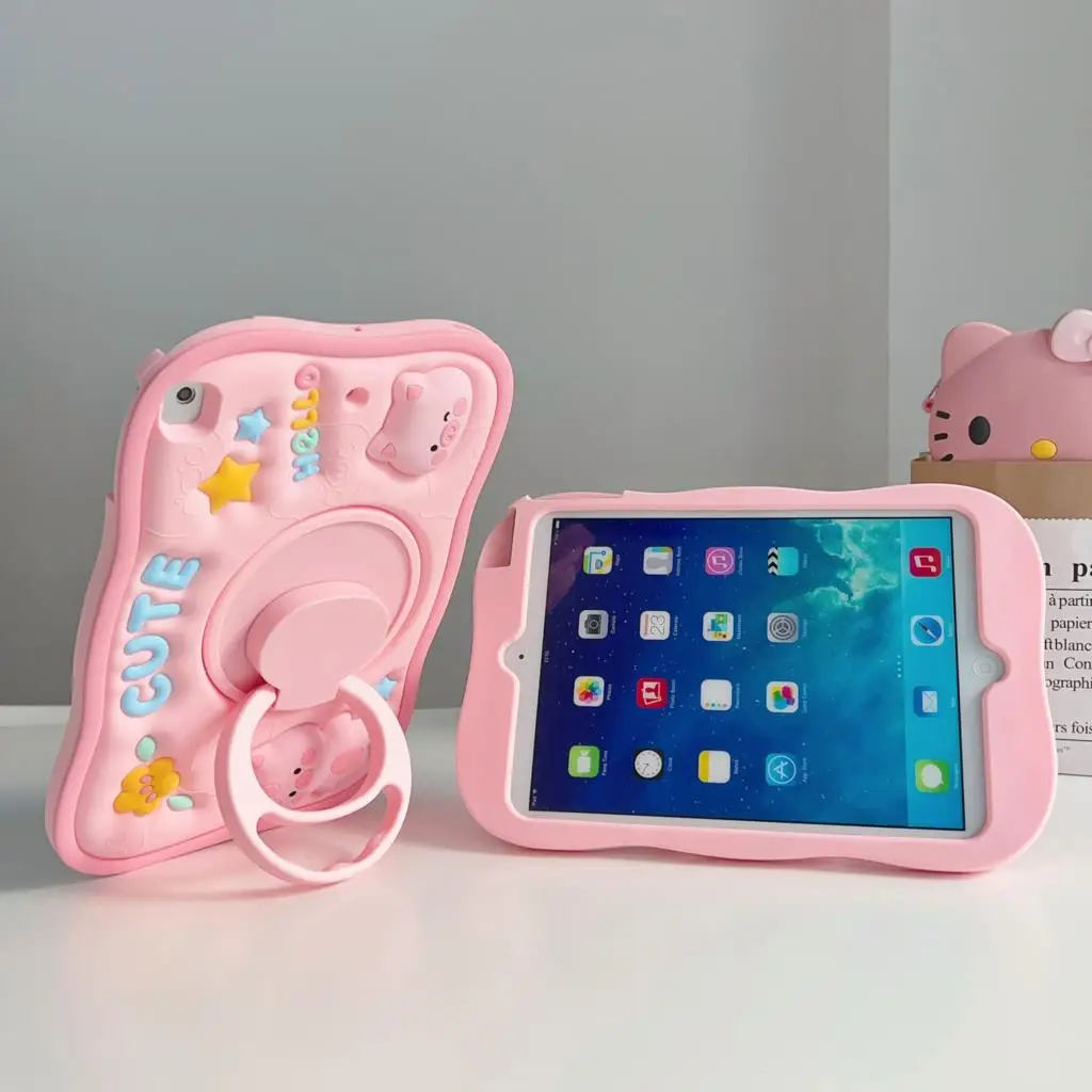 Rotating Cute Case For iPad 10th 2022 Mini 6 5 4 3 2 1 iPad 9.7 10.2 10.5 inch Pro 11 Soft Solicone Stand Cover Piggy Kids Funny